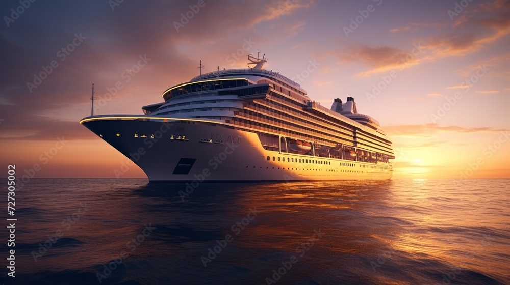 A Cruise Ship in the Ocean at Sunset - obrazy, fototapety, plakaty 