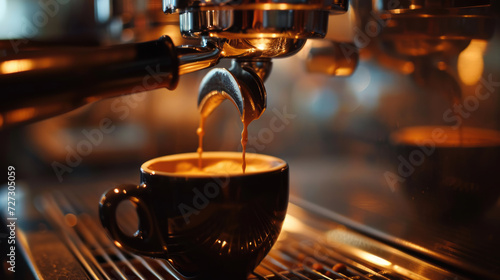 Close-up of an espresso machine brewing fresh coffee into a cup.