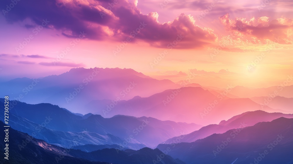 Amazing landscapes view of mountain with gold hour on sunrise morning. 2D Illustration.