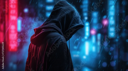 Faceless hacker in a hoodie facing off against a cyber defender in a virtual arena, portraying the ongoing battle between cybersecurity professionals and cyber threats