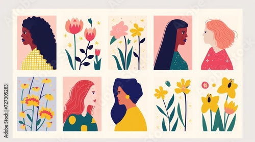 Beautiful trendy set of greeting cards for 8 March. International Women's Day. Stylish flat graphics and original design