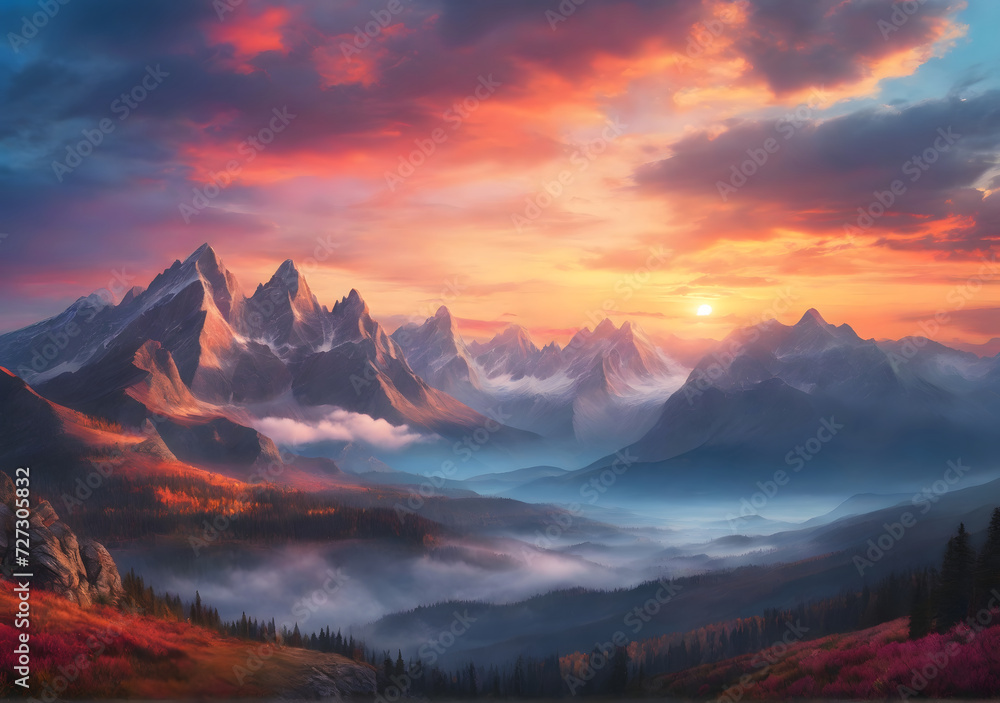 Sunset landscape with high peaks and foggy valley under vibrant colorful evening sky in rocky mountains