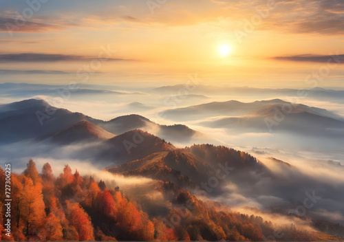 Mountain, Sunny sunrise in autumn mountains. Mountains in a fog illuminated by rising sun. Autumn landscape with vivid sunlight.