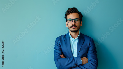 Modern Confidence: Young Professional in Bright Blue Suit and Bold Glasses