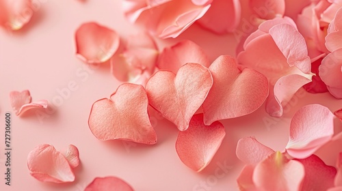 Romantic pink rose petals forming heart shapes on soft pink background, beautiful delicate floral arrangement isolated on pastel pink background