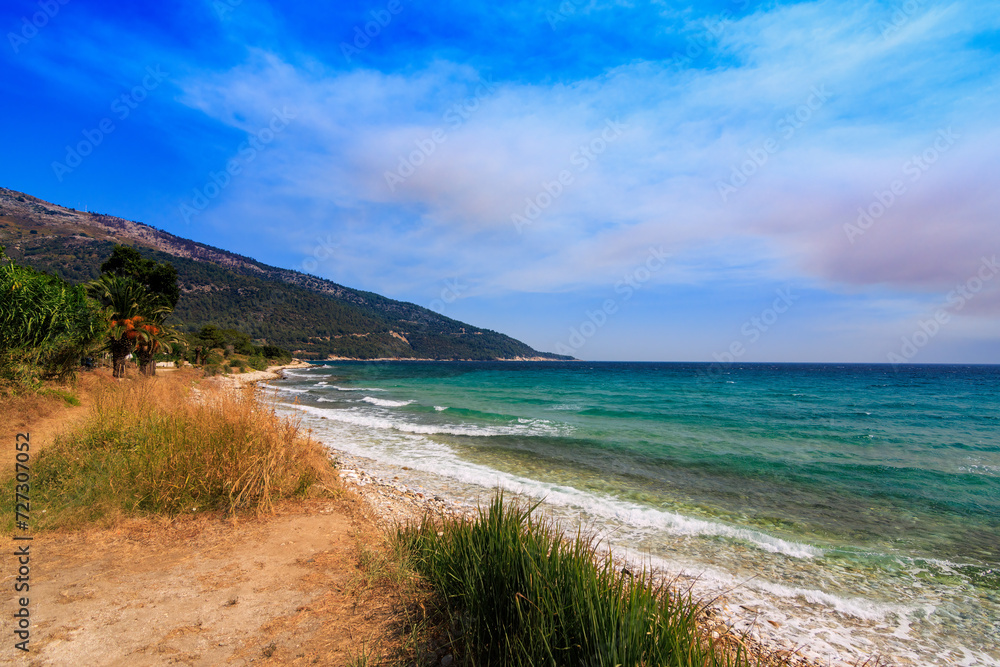 Beautiful panoramic view of beach.Kinira Beach, Thassos, Greece