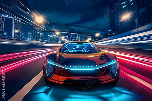 Autonomous Self-Driving Car Moving Through City Highway with light trails  © Mona -33 Desing