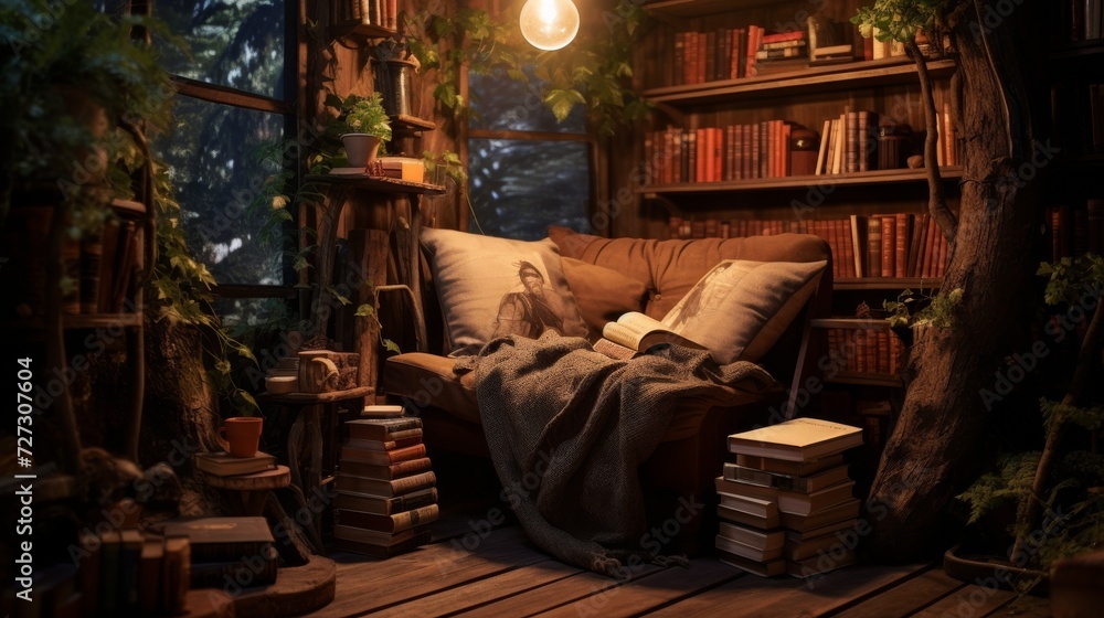 A Room With a Couch, Bookshelf, and a Window A Room With a Couch, Bookshelf, and a Window