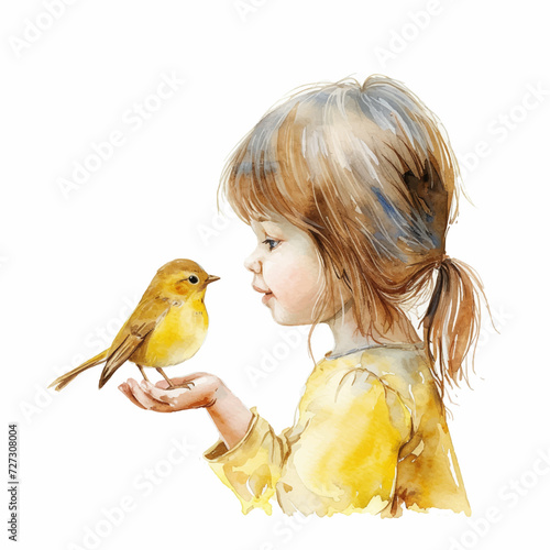 Girl holding a yellow bird in her hand watercolor paint © Florin
