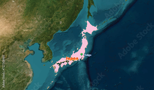 Japan map and its capital city Tokyo on the world background. The country is an Asian member, known for its raw fish cuisine as sushi, sashimi and sustainable products, auto manufacturing
