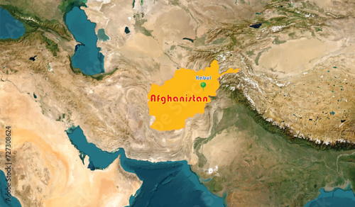 Afghanistan map with a globe map background. The country is an Asian member known for dry climate, its long-running conflict with the United States. A 3D pushpin depicting Kabul, the capital city. 