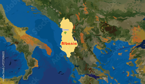 Map of the Republic of Albania in South East Europe, birthplace of Mother Teresa. Tirana city is the capital. The majority of the population in the country of original Balkan ethnic group is Muslim.