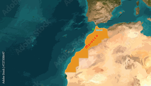The Kingdom of Morocco map and Rabat, its capital city on the world background. A North African country bordering the Atlantic Ocean and Mediterranean Sea. Morocco is also a member of the Arab League