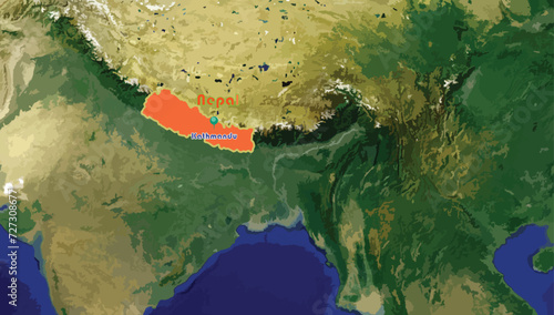 Federal Democratic Republic of Nepal country map and Kathmandu, its capital city on the world background. This landlocked South Asian country is recognized for its Hindu culture and architectures. 