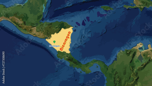 Republic de Nicaragua country map and Managua, its capital city on the world background. The largest country in Central America. A Spanish speaking country in Latin America. Crowded ethnic is mestizo 