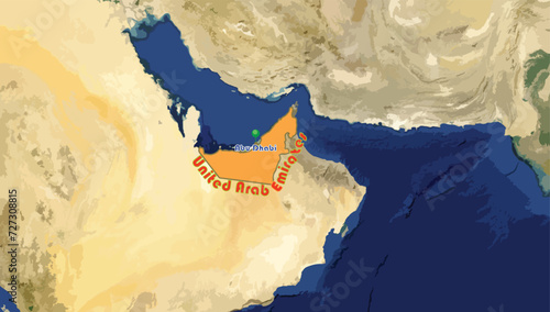 The United Arab Emirates map. It is formed from 7 emirates: Abu Dhabi, Dubai, Sharjah, Ajman, Umm Al Quwain, Ras Al Khaimah, Fujairah. Abu Dhabi is the capital city. Dubai is the most famous emirate photo