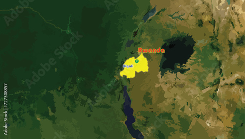 Republic of Rwanda country map and Kigali, its capital city on the world background. It is a landlocked country in the Great Rift Valley of Central Africa. Famous with rainforests, mount Bisoke summi photo