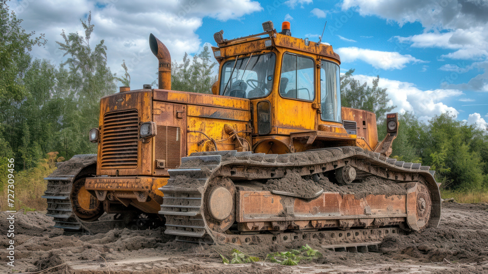 Rugged Bulldozer at Work on Construction Site with Cloudy Sky. Rugged Bulldozer at Work on Construction Site with Cloudy Sky.