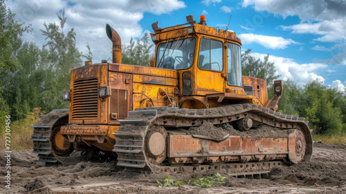 Rugged Bulldozer at Work on Construction Site with Cloudy Sky. © Anna