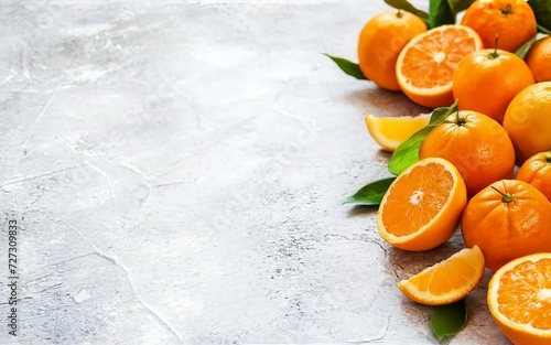 Juicy oranges with leaves. On rustic background