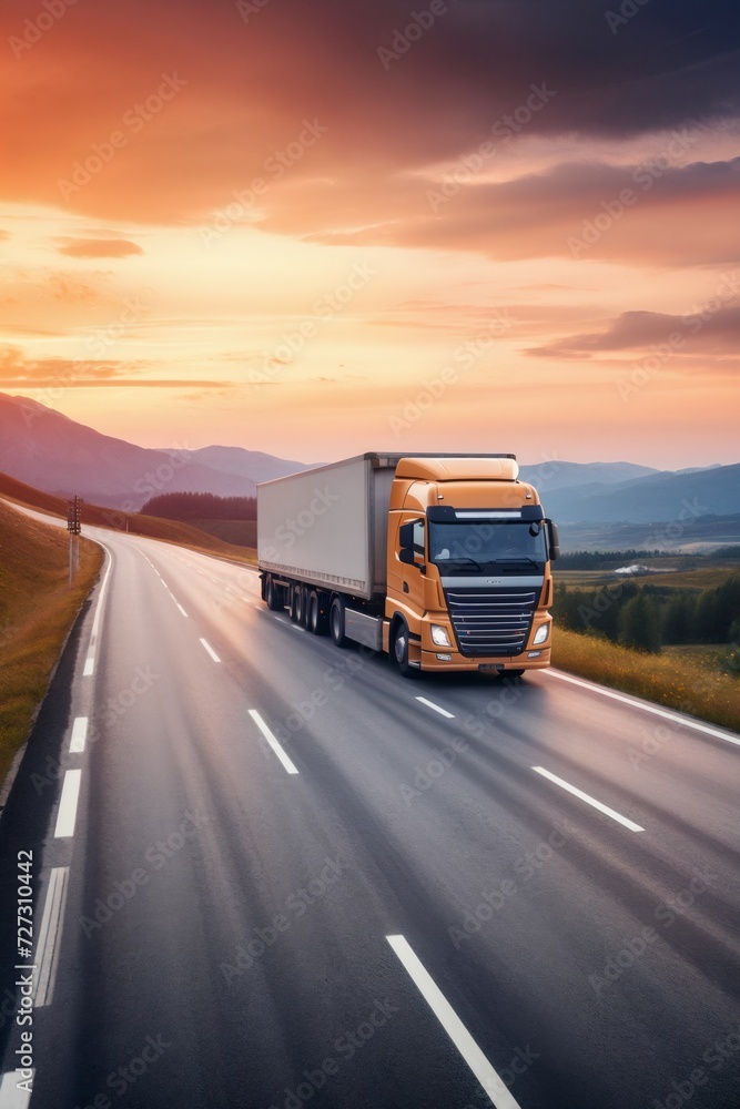 Loaded European truck on motorway in sunset light. Mountain landscape. Motion blur