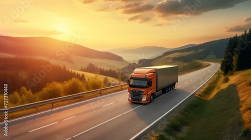 Loaded European truck on motorway in sunset light. Mountain landscape. Motion blur