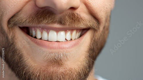 Close-up of a man s smile  showing white teeth  a well-groomed reddish-brown beard  and a hint of his nose.