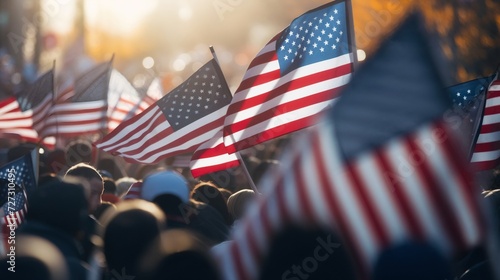 cold tones, Background blur of crowd at political rally in the United States holding signs and carrying US flags. Great image for upcoming election cycle in 2024 presidential campaigns. Copy space photo