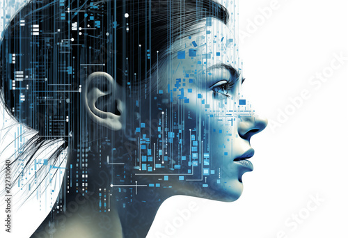Person in silhouette with data on her head, in the style of futuristic realism, human