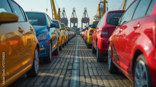 Automobile transport to customer. Automobile transport to customer. Many new cars are waiting to be loaded onto ships to be transported to their destinations.