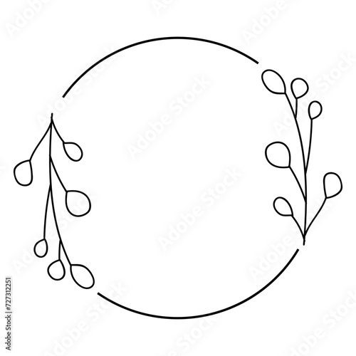 circle frame with black vector line art leaf decoration