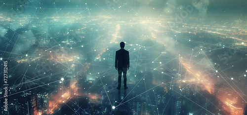A businessman on a platform overlooks a city at night, symbolizing the future smart city network in a cybernetic style.