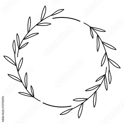 Fototapeta Naklejka Na Ścianę i Meble -  circle frame with black vector line art leaf decoration
