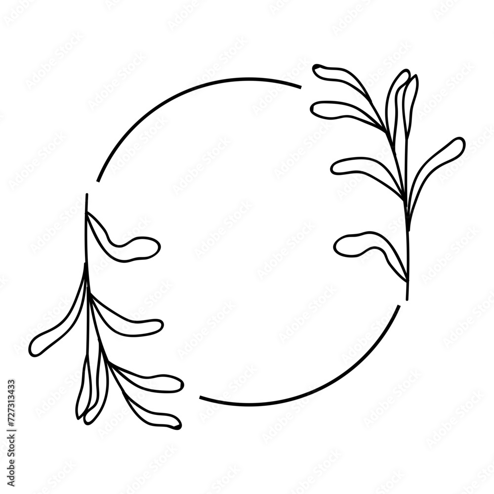 circle frame with black vector line art leaf decoration