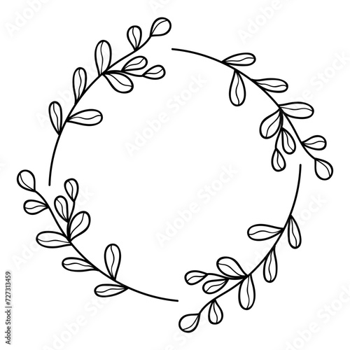 circle frame with black vector line art leaf decoration