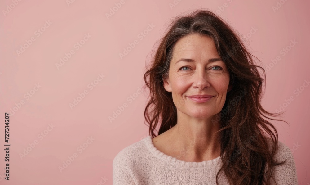 Portrait of a beautiful middle-aged woman on a pink background Portrait of a beautiful middle-aged woman on a pink background