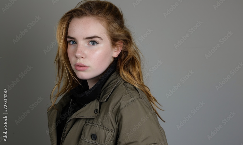 Portrait of a beautiful girl in a coat on a gray background Portrait of a beautiful girl in a coat on a gray background