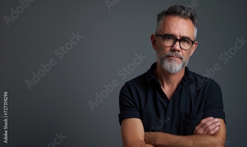 Middle aged man wearing casual standing against neutral gray background and looking at camera