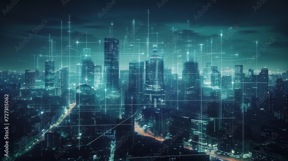 Generative AI image of Glowing skyscrapers illuminate the futuristic cityscape at night