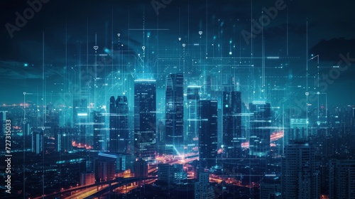 Generative AI image of Glowing skyscrapers illuminate the futuristic cityscape at night