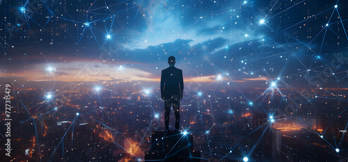 A businessman on a platform overlooks a city at night, symbolizing the future smart city network in a cybernetic style.