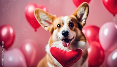 Joyful corgi with heart pillow and balloons