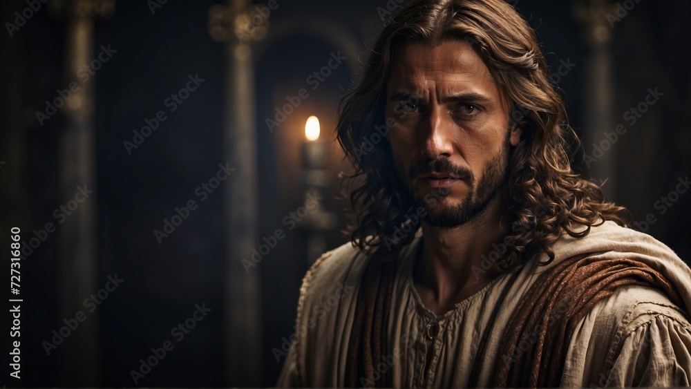 Fototapeta premium face of jesus christ in a room illuminated by a candle with space for text