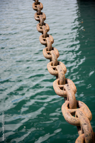 Rusty ship chain anchor in sea water abstract background.