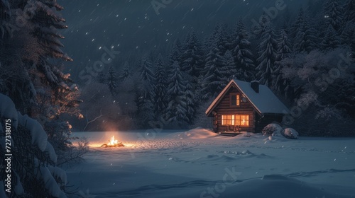 A small wooden house stands gracefully surrounded by a blanket of snow in the forest. Soft light emanates from the windows, hinting at the warmth and comfort inside. A fire flickers nearby. © DreamPointArt