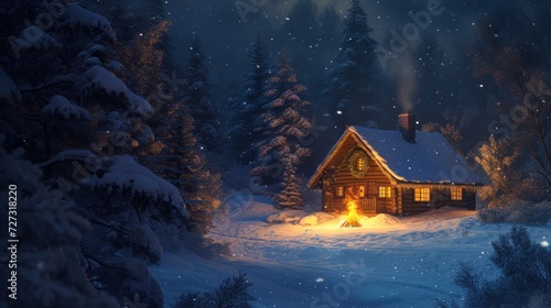 A small wooden house stands gracefully surrounded by a blanket of snow in the forest. Soft light emanates from the windows, hinting at the warmth and comfort inside. A fire flickers nearby.