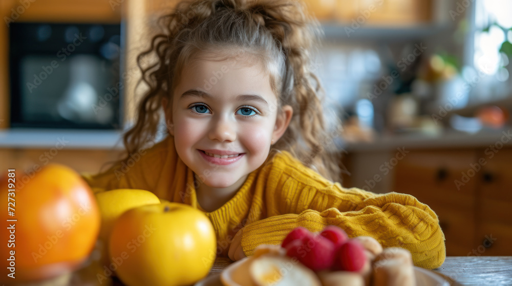 Fototapeta premium Cheerful little girl with a bright smile surrounded by fresh fruits in the kitchen.