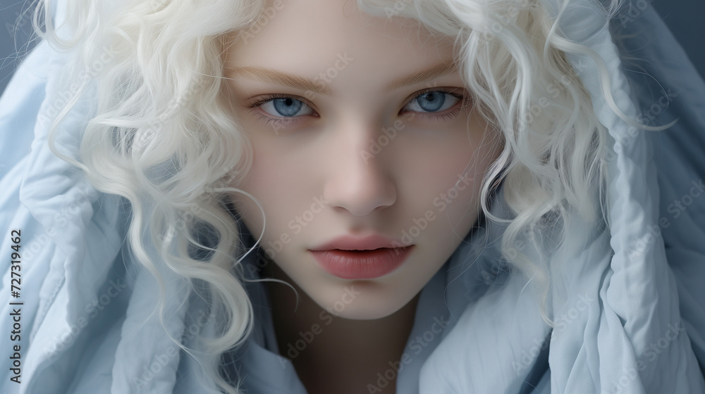 young face of albino girl with blue eyes and white eyelashes