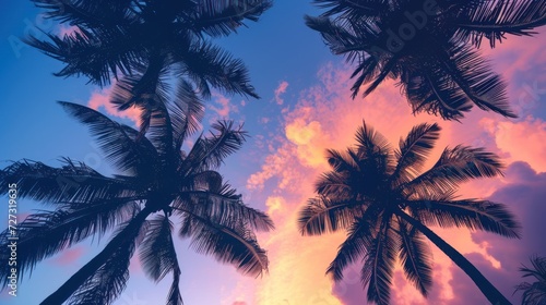 A low-angle view captures the silhouette of palm trees gracefully swaying against a vibrant sky. A low-angle view captures the silhouette of palm trees gracefully swaying against a vibrant sky.  © DreamPointArt