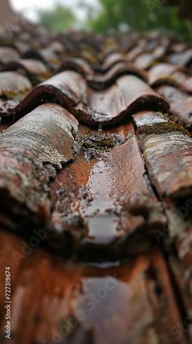 Meandering Water Trails on Weathered Roof Tiles: The Quiet Aftermath of a Rainstorm